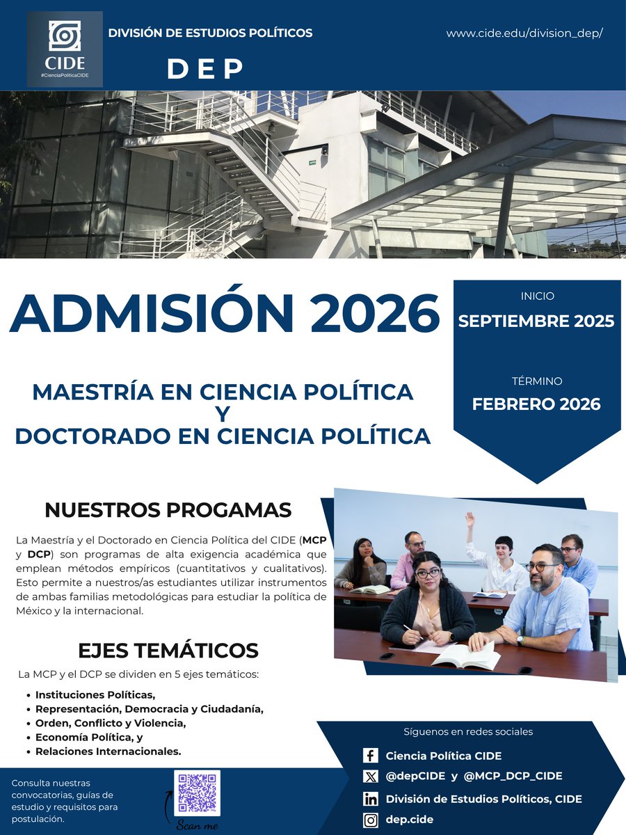 📢¡Convocatorias abiertas!

🎓Maestría y Doctorado en Ciencia Política de la <a href="/depCIDE/">CienciaPolítica CIDE</a>

🔍Consulta nuestras convocatorias:
bit.ly/3KjdOW8
bit.ly/42tUtrN

👉 Postúlate: admisiones.cide.edu

💡¡Formación rigurosa, con becas y enfoque internacional!