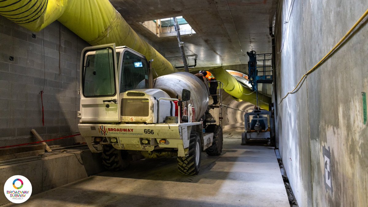 Here is a mini concrete truck at South Granville Station. Wonder why it must be a “mini”?

This truck needs to be small enough to fit into the tunnels! It’s used to pour concrete for the track bases, and the tunnel walls and floors of the cross passages.