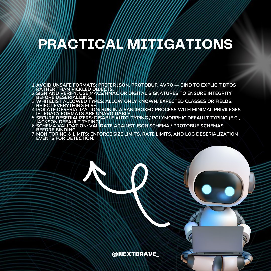 nextbrave_'s tweet image. Avoid insecure deserialization: never trust serialized objects from clients. Prefer safe formats (JSON), sign payloads, and whitelist types. #AppSec #Deserialization #SecureCoding #Pentesting