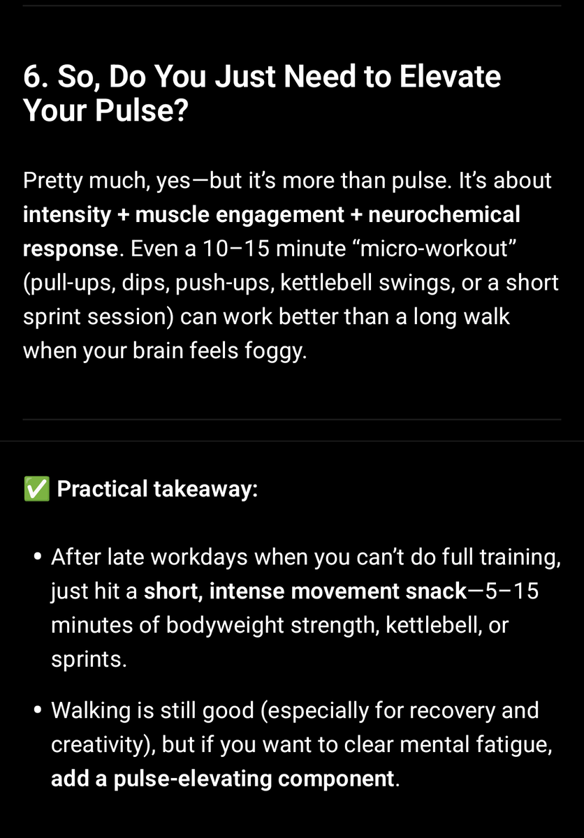 Interesting insight:

A short intense workout helps recover from 'mind fatigue' faster than a 2hr walk.