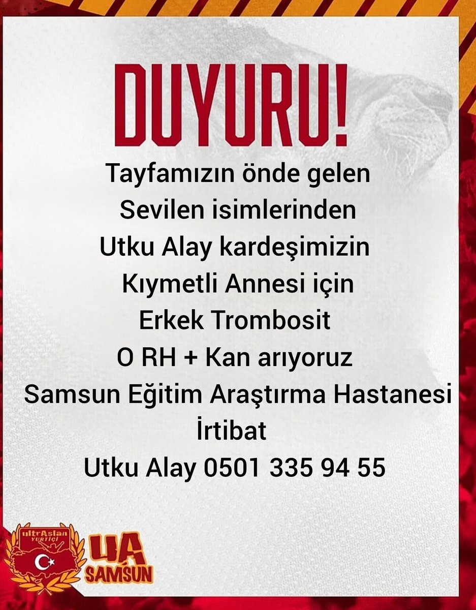 Tayfamizin önde gelen Sevilen isimlerinden Utku Alay kardeşimizin Kıymetli Annesi için Erkek Trombosit O RH + Kan arıyoruz Samsun Eğitim Araştirma Hastanesi irtibat
Utku Alay 0501 335 94 55
#uAYurtiçi #uASamsun