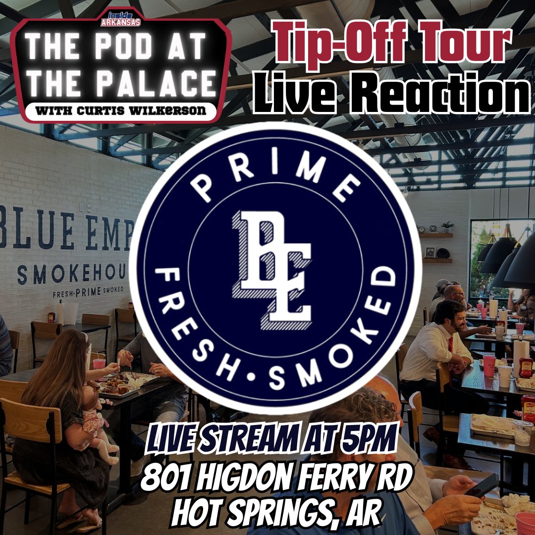 InsideArkansas's tweet photo. If you're heading down to Hot Springs for the Razorback Basketball Tip-Off Tour this Sunday, be sure to come by Blue Ember Smoke House on Higdon Ferry Rd at 5pm for a Pod At The Palace Live Reaction Show!

Great place to eat BBQ &amp; talk hoops in the Spa City!

See yall there! https://t.co/6WVZDEqSya