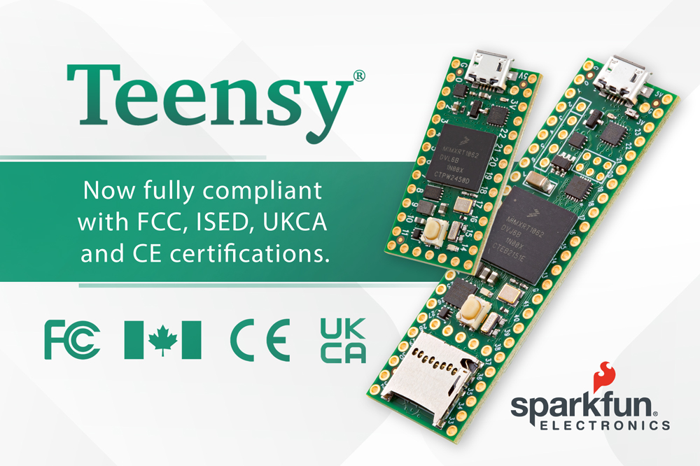 sparkfun's tweet image. Teensy Is Official!
Teensy is now fully compliant with FCC (Federal Communications Commission), ISED (Innovation, Science and Economic Development Canada), CE (Conformité Européenne) certifications, and UKCA (UK Conformity Assessed)!
Read about it ⬇️
bit.ly/4mVAGIM