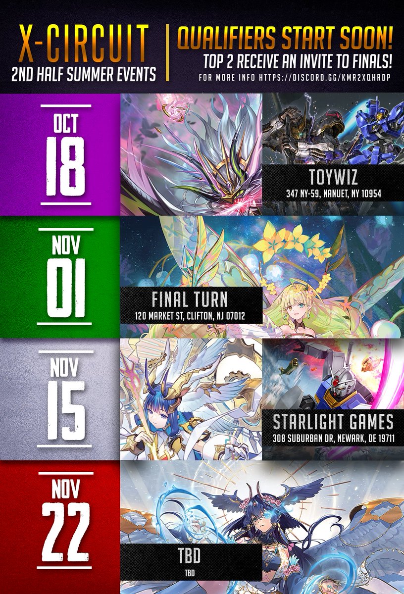 💥 X-Circuit Schedule is LIVE! 💥

The next set of qualifier dates is OUT, and we officially welcome Gundam to the circuit!
Compete for your spot in the Finals at the Localhost Esports venue: 
💰 CFV Finals: $4,000 Prize Pool 
💰 Gundam Finals: $2,000 Prize Pool
#GundamTCG