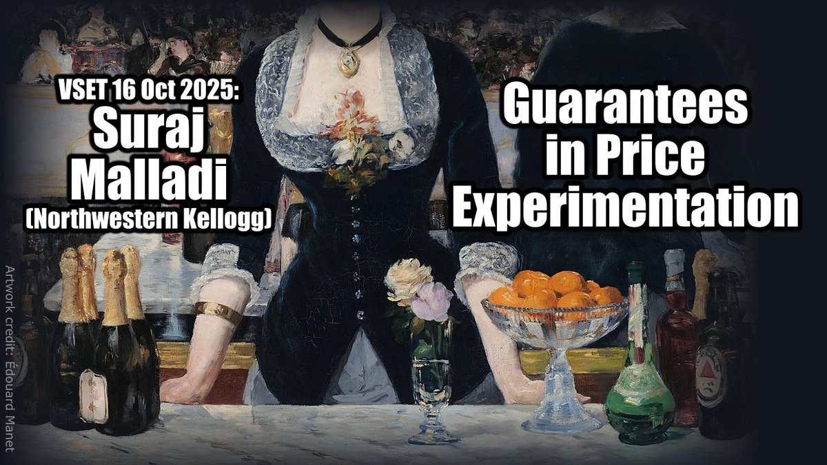 Our next talk is on Thursday, 16 Oct 2025.
👉Suraj Malladi👈 from Northwestern/Kellogg will present "Guarantees in Price Experimentation". The session will feature panellists In-Koo Cho and Karl Schlag. <a href="/MalladiSuraj/">Suraj Malladi</a>