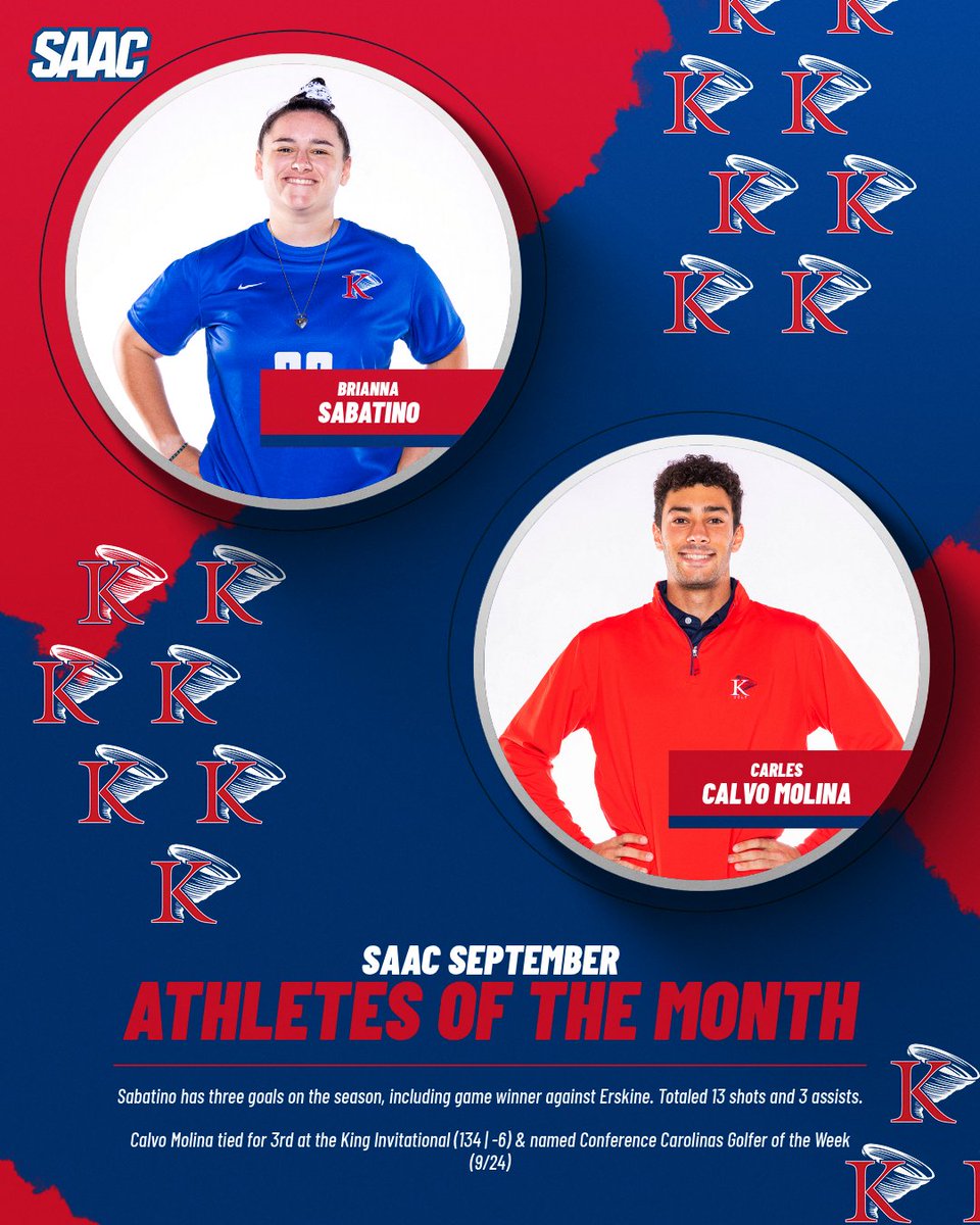 KingAthletics's tweet photo. Congrats to our KING SAAC September Athletes of the Month
Brianna Sabatino - @KINGU_wsoccer
Carles Calvo Molina - @KINGU_Golf
📰https://t.co/oBm4E1PDOx
#KingPride #LeadServeAchieve https://t.co/xqfCucZY4f