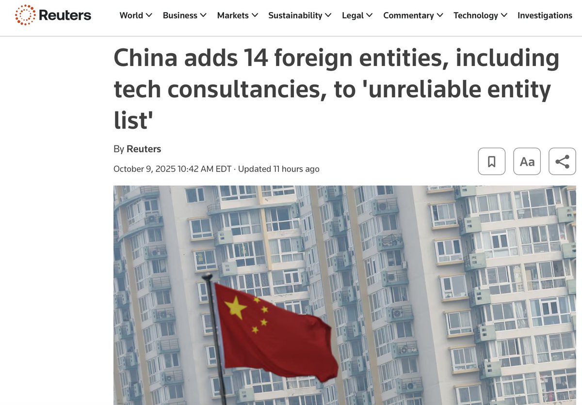 rocknews8964's tweet image. China adds 14 foreign entities to its “Unreliable Entity List,” tightening screws on tech consulting &amp;amp; chip teardowns—compliance/costs jump. #Huawei #TechInsights #404China #Risk #CCP