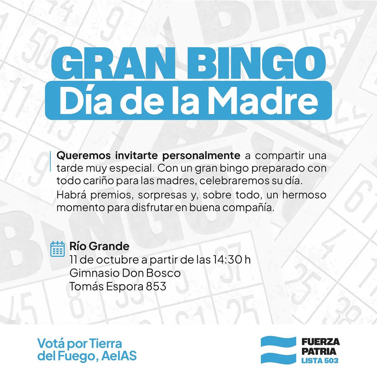 💐✨ ¡Se viene una tarde llena de alegría, premios y muchas sorpresas! ✨💐

Queremos celebrar juntos el Día de la Madre con un gran bingo preparado con todo cariño ❤️

📍 Río Grande
📅 Sábado 11 de Octubre
🕝 Desde las 14:30 hs
📌 Gimnasio Don Bosco – Tomás Espora 853

Esperamos