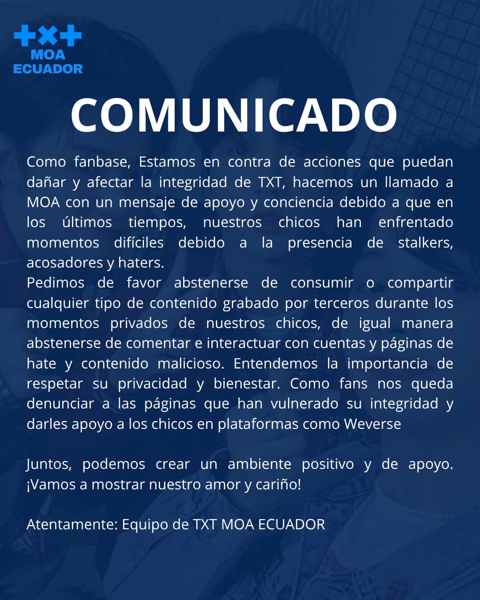 MOAEcu's tweet photo. Comunicado❗❗❗❗
-Staff Moa Ecuador
#투모로우바이투게더 #TOMORROW_X_TOGETHER #TXT #txtecuador https://t.co/HvvsjJTtte