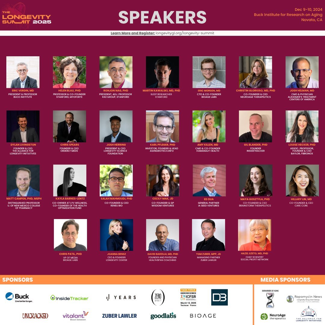 THE LONGEVITY SUMMIT 2025

The Future of Medicine: Eliminating Diseases of Aging

RSVP ( 12/9 - 12/10) @ luma.com/zlfezwd3

"Today is the last day of early bird tickets for the Longevity Global Summit at the <a href="/BuckInstitute/">Buck Institute</a>"
-<a href="/LongevityGL/">Longevity Global</a>

Spread word, speakers🗣️Eric Verdin,