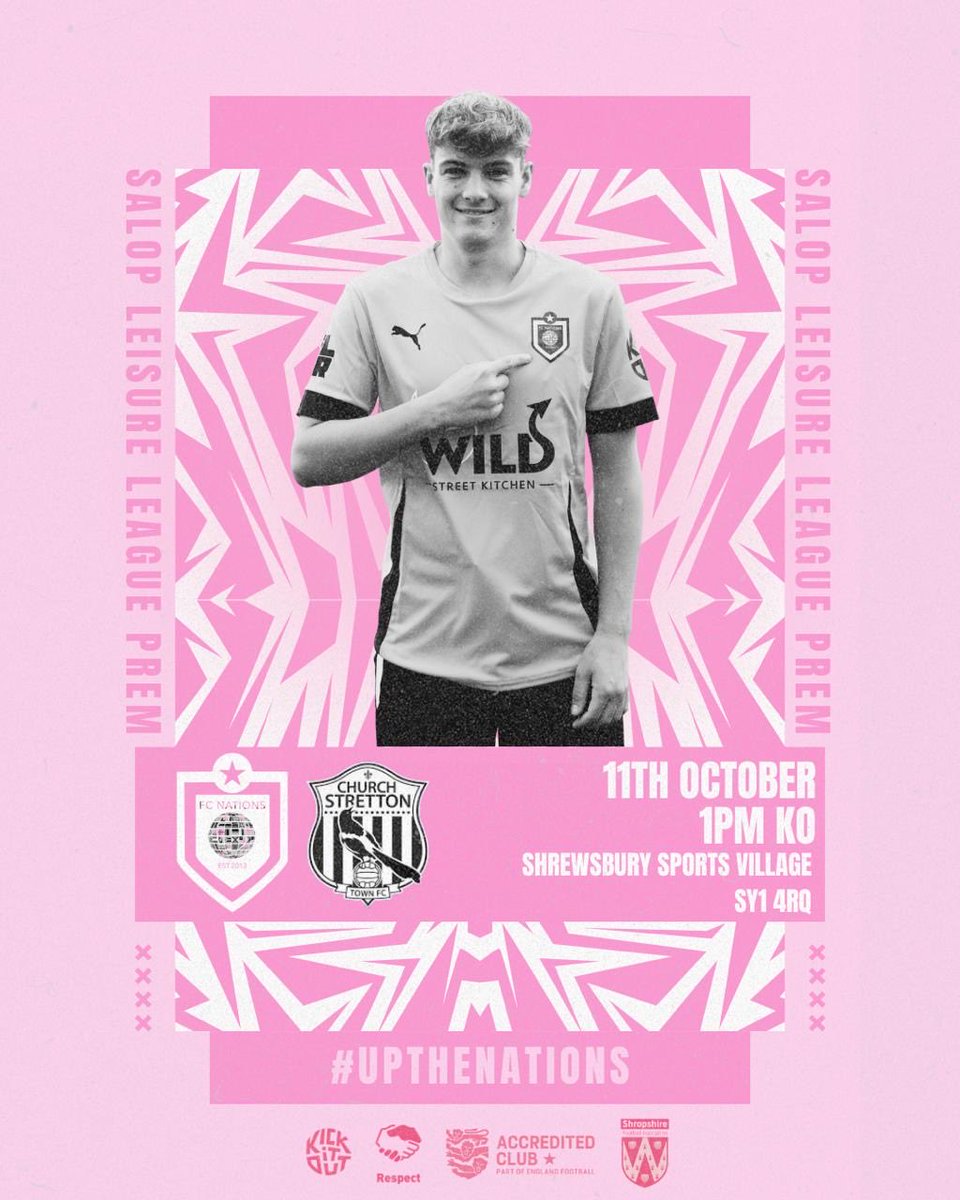 BACK IN ACTION📣

🚨 Salop Leisure Premier Division
🆚 Church Stretton (H)
📅 Saturday 11th October
🕢 1PM KO
📍 Shrewsbury Sports Village 4G, SY1 4RQ
💰 £3 Adults, £1 Concessions, U16’s Free

#UpTheNations 🩷🖤