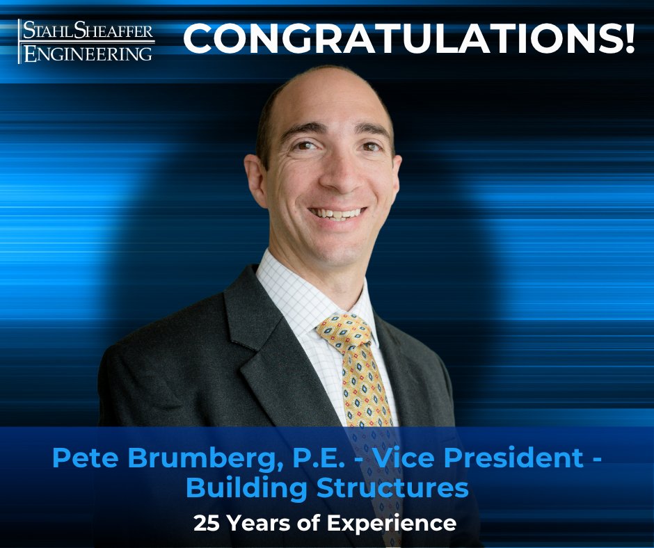 Pete Brumberg, P.E. has been named VP of the Building Structures Dept at Stahl Sheaffer Engineering, Inc. following our transition to employee ownership. With 25 years of expertise, Pete leads our team with excellence. Congrats, Pete! 🎉
