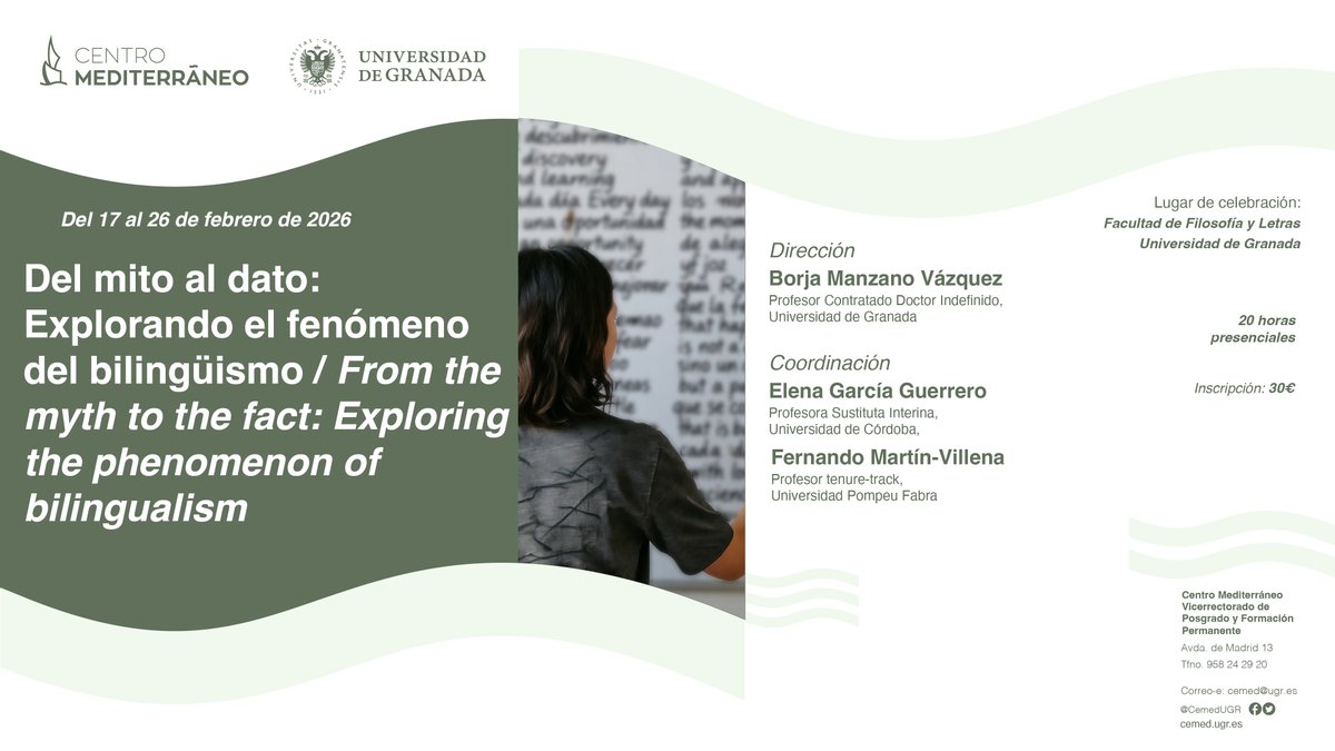 📢¿Te interesa saber cómo conviven 2 lenguas en un mismo cerebro🧠? En este curso abordaremos los mitos y creencias alrededor del bilingüismo a través de la investigación. Más información: cemed.ugr.es/curso/26gr01/ <a href="/CanalUGR/">Universidad Granada</a> <a href="/de_inglesa/">Departamento de Filologías Inglesa y Alemana UGR</a> <a href="/bilingualab_ugr/">BilinguaLab_UGR</a>