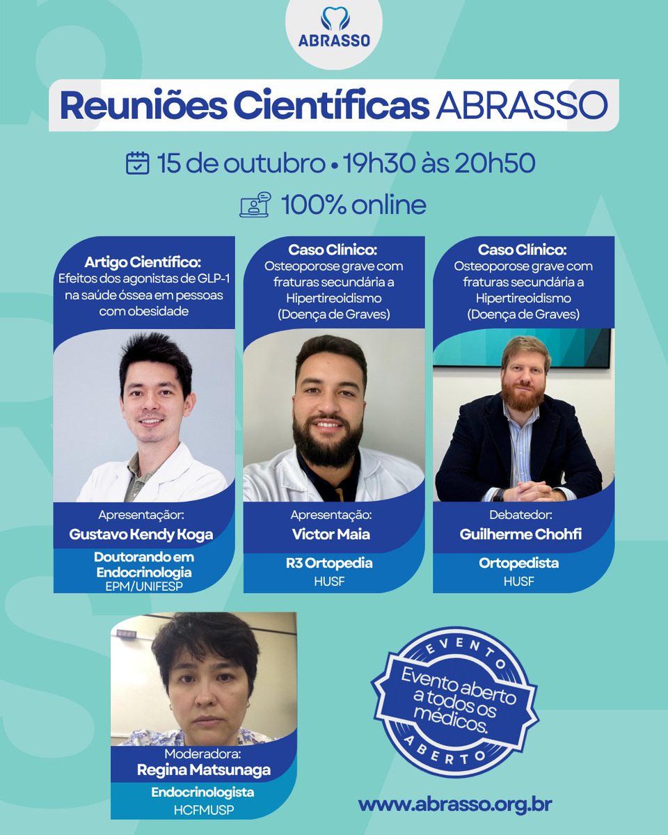 abrassonacional's tweet photo. 📌Na quarta-feira (15), temos um encontro marcado na Reunião Científica da ABRASSO! O evento começa às 19h30 e é aberto a todos os médicos.

👉 Inscrições abertas! Garanta sua participação em: https://t.co/gSJJ1yMexp

#abrasso #endocrinologia #ortopedia #saúdeóssea https://t.co/5dqjX9PZ0R