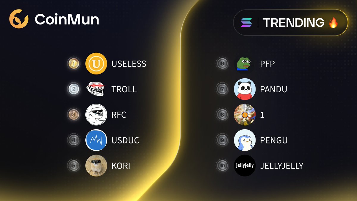 🔥 Top 10 Trending #CoinMun #Solana 🔥 

🥇 #USELESS <a href="/theuselesscoin/">useless coin</a> 
🥈 $TROLL <a href="/trololol_io/">TROLL</a> 
🥉 $RFC <a href="/RFindercoin/">Retard Finder Coin</a> 
4⃣ $USDUC <a href="/usduc_coin/">Unstable Coin</a> 
5⃣ $KORI <a href="/pomkori/">kori</a> 
6⃣ $PFP <a href="/pumpfun_pepe/">Pumpfun Pepe (PFP)</a> 
7⃣ $PANDU <a href="/Pandupandas/">Pandu Pandas</a> 
8⃣ $1 <a href="/1coinonsolana/">1 coin</a> 
9⃣ $PENGU <a href="/pudgypenguins/">Pudgy Penguins</a> 
🔟 #JELLYJELLY