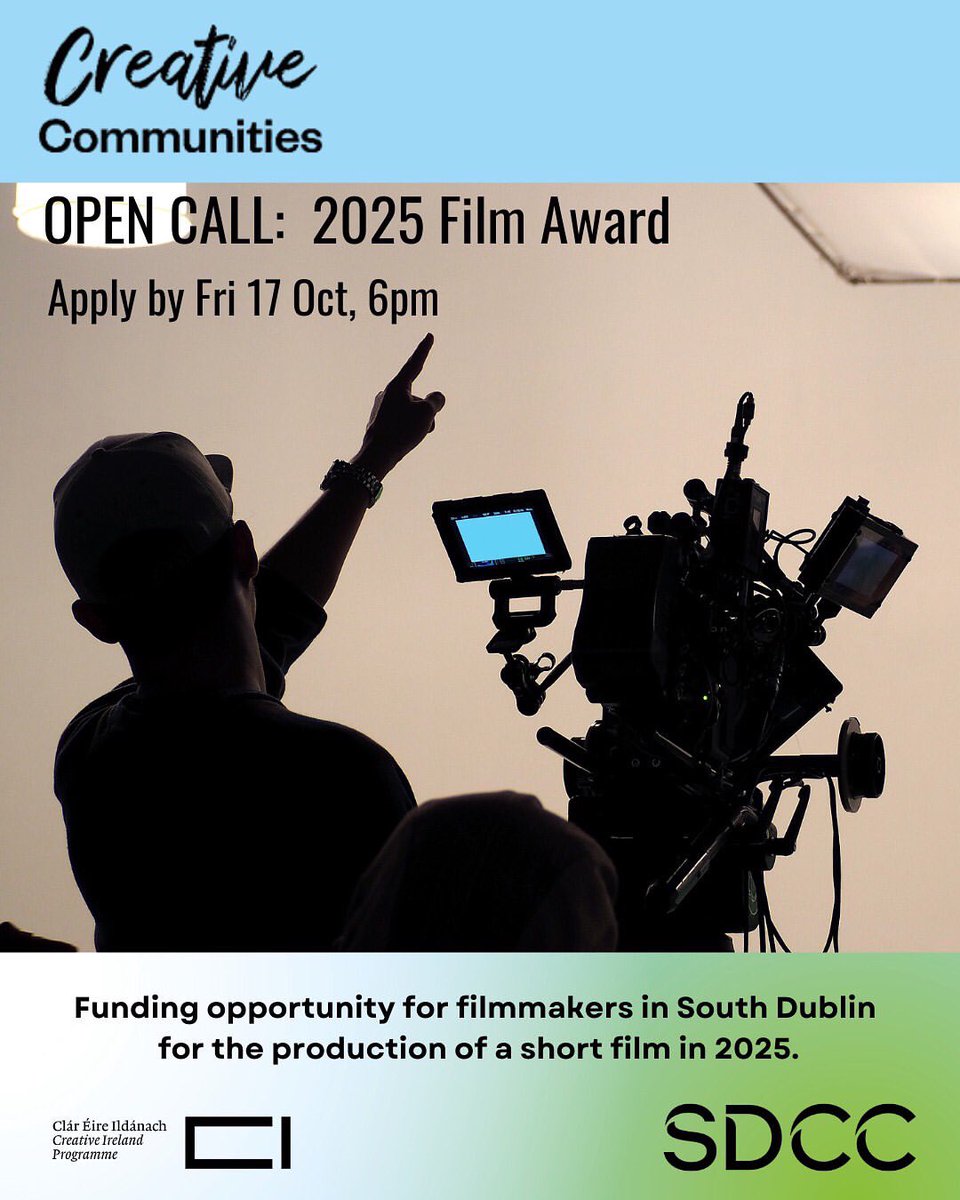 SDCCArts's tweet image. 🎬OPEN CALL: Film Award 2025

The Award (up to €10,000) will be made to a filmmaker/film company towards the cost of production of a short film (drama or documentary) of 12 – 15 mins to be shot in SDCC admin area before Dec 2025
APPLY by 17 October, 6pm
sdcc.submit.com//show/109
