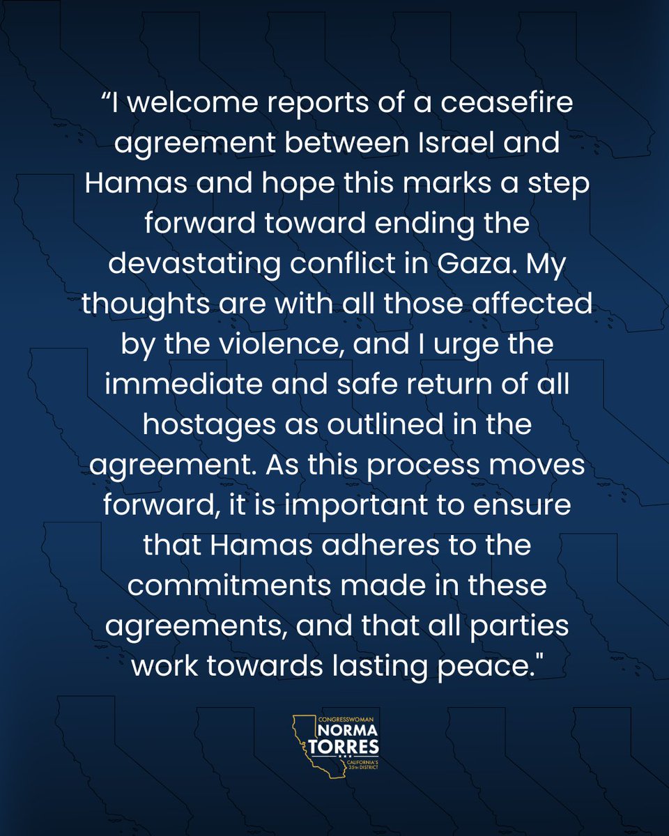 Statement from Congresswoman Norma Torres on the Israel-Hamas Ceasefire.