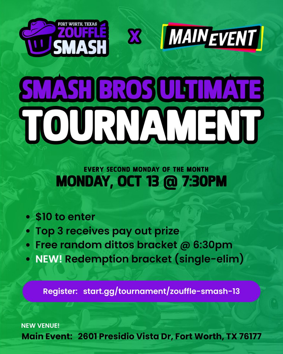Fort Worth monthly is back this Monday! Remember, we're at <a href="/MyMainEvent/">Main Event</a>. Food, drinks, arcade, bowling, and Smash Bros. (i'd never leave) start.gg/tournament/zou… #zouffle #zoufflemonthly #zoufflefortworth #dfwssbu