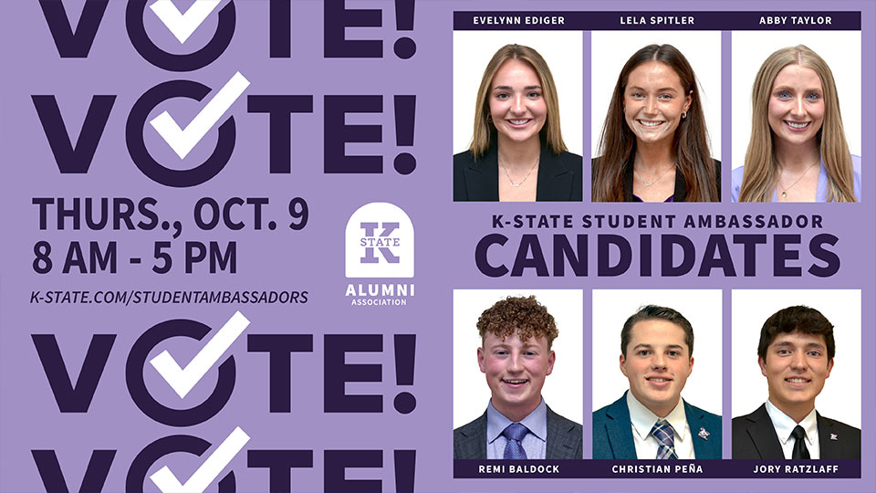 For more than 40 years the <a href="/KState/">K-State</a> student body has elected two Student Ambassadors during All-University Homecoming. Today, K-State students will continue that tradition.

Students may vote for two candidates of their choice. Voting ends at 5 p.m.
k-state.com/news/2025Oct2A…