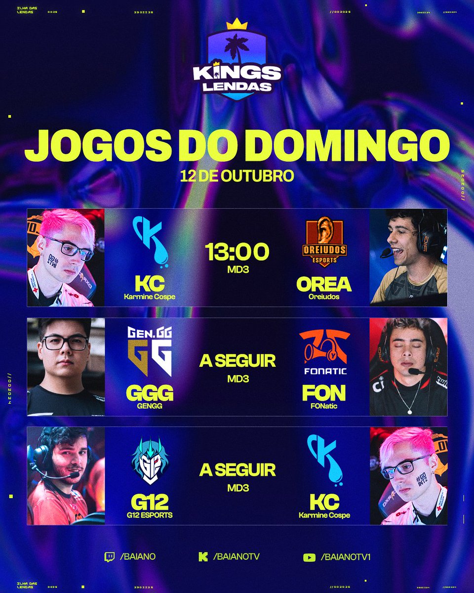 🚨 FORMATO KINGS LENDAS!

- A primeira fase será jogada em MD3, Fearless Draft, TODOS CONTRA TODOS
- Os jogos acontecerão sexta, sábado e domingo às 12h30 a partir da segunda semana
- Os 6 melhores times passam para os playoffs

A primeira rodada acontece no sábado (11/10). Pode