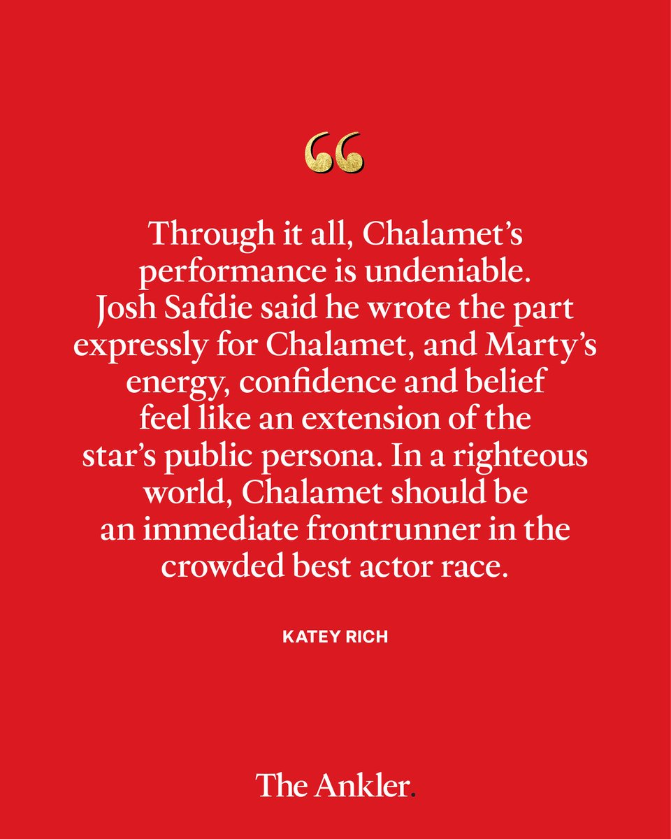 TheAnkler's tweet image. When Timothée Chalamet said he was “in pursuit of greatness,” he might as well have been previewing Marty Supreme. In Josh Safdie’s new film, the actor channels that ambition into a volatile, mesmerizing performance that’s already shaping the Oscar race: theankler.com/p/timothee-cha…