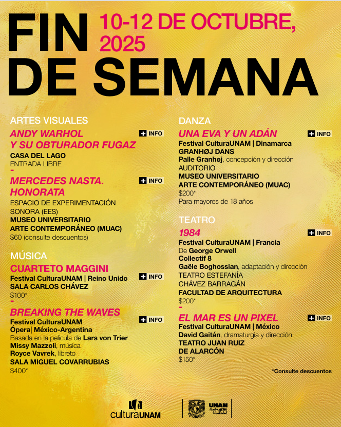 ¡El mundo está de visita este #finde en #CulturaUNAM! 🌎

📸Obra de Andy #Warhol 🇺🇸
🩰#Danza contemporánea con <a href="/GranhojDans/">Granhøj Dans</a> 🇩🇰
🎭La impactante versión de 1984 con <a href="/Collectif8/">Collectif 8</a> 🇫🇷
🎵#Ópera: Breaking the Waves, basada en la escalofriante cinta de Lars von Trier 🇲🇽
🎻La excelencia