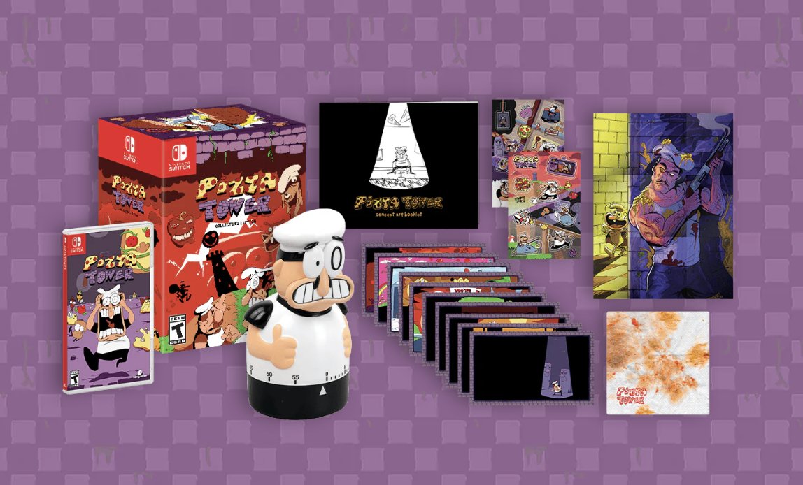 Fangamer's tweet image. It&apos;s finally Pizza Time! Our Pizza Tower physical editions are out of preorder and available now.

Pick the standard edition up in store or online, or buy the collector&apos;s edition—with a Peppino timer, a concept art booklet, art cards, and more—right here: fanga.me/r/pizza-tower-…
