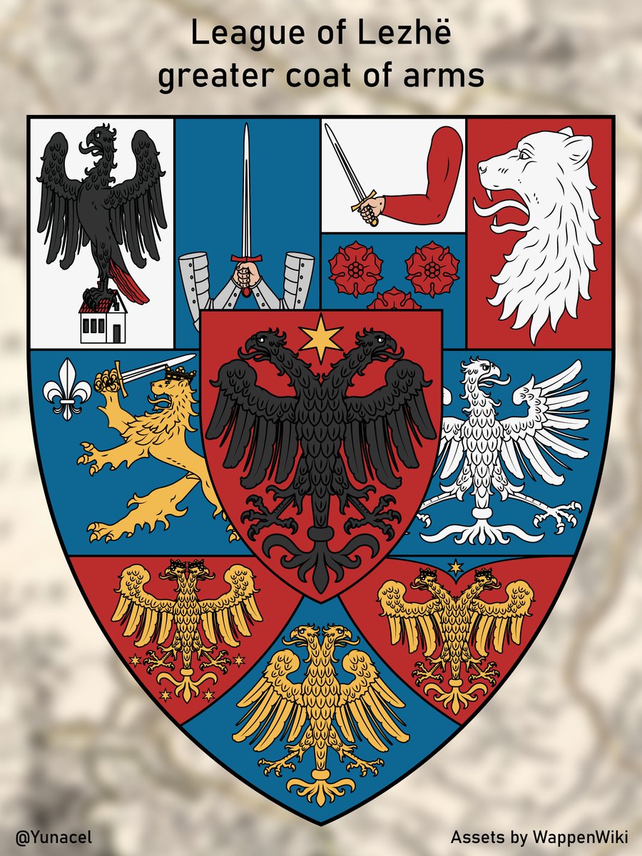 I've created this greater coat of arms of the League of Lezhë, featuring all the founding noble houses along with the arms of the House of Kastrioti in the middle 🇦🇱