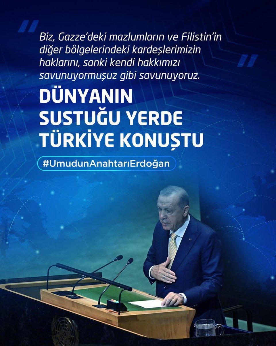 Filistin davasında daima haklının yanında duran, mazlumun hakkını cesaretle savunan bir lidere sahip olmaktan gurur duyuyoruz. Tüm dünya sussa da, Filistin için susmayan bir liderin izinden yürüyoruz.

Özgürlüğün sesiyle, inancın adımlarıyla…

#UmudunAnahtarıErdoğan
