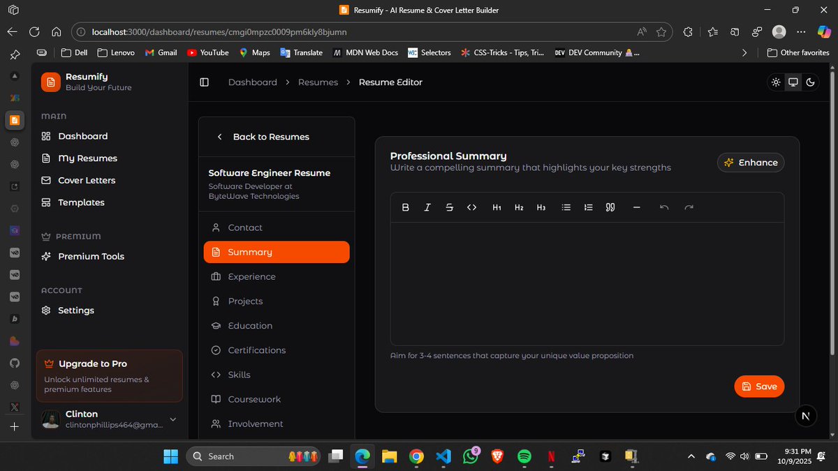 phillips464's tweet image. Day 6 of building Resumify 🚀
Spent all day working on the AI integration, finally done with it!
Still hunting for a new name though… most “Resumify” domains are taken 😅
#BuildInPublic #WebDev #NextJS #AI #Programming #FullStack #Resumify