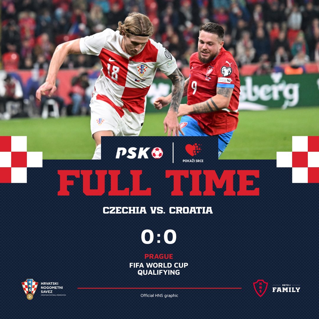 All square in Prague! #Croatia wins a valuable point on the road towards the 2026 <a href="/FIFAWorldCup/">FIFA World Cup</a>, retaining the top spot in Group L! 🇨🇿🇭🇷 

#CZECRO | #WCQ | #PokažiSrce | #Family | #Vatreni❤️‍🔥