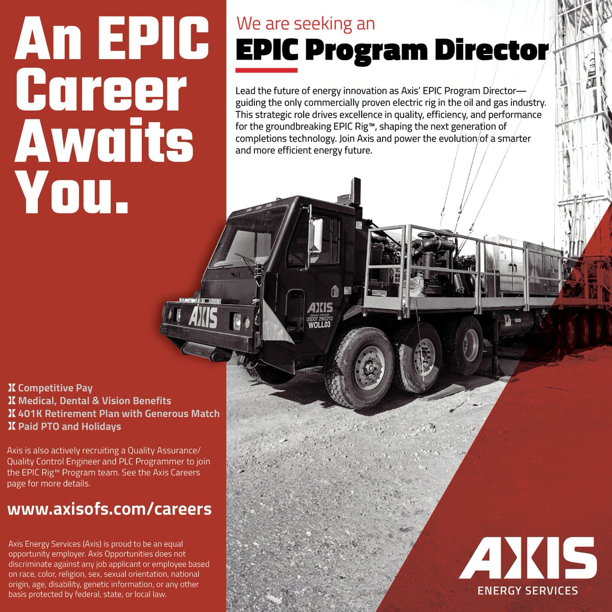 AxisEnergySvcs's tweet image. Axis is seeking an experienced EPIC Program Director to join our team in Gainesville, Texas (North Texas Region). This strategic role oversees every aspect of the EPIC Rig program, driving quality, efficiency, and cost-effectiveness for the industry’s only commercially proven…