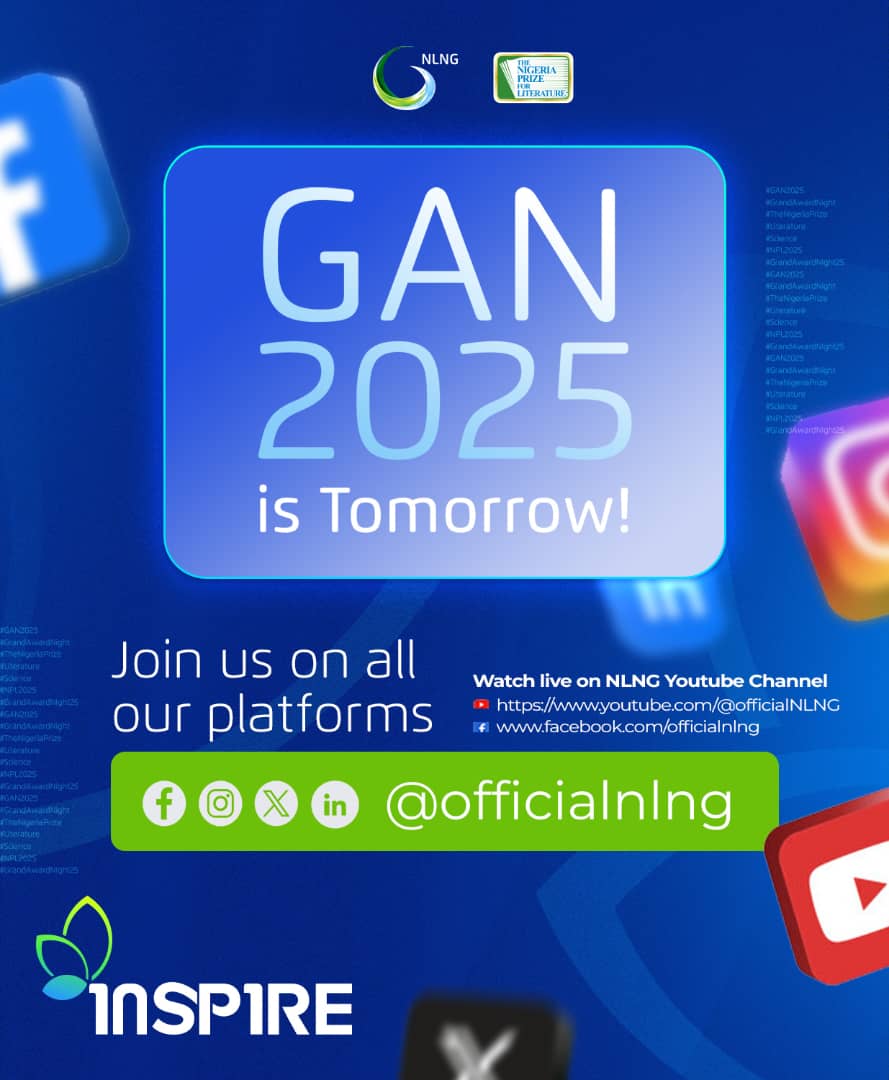 NGRLitPrize's tweet photo. We are excited for tomorrow! 

Join us live at #GAN25 on Facebook and YouTube @officialnlng 

#GAN
#Inspire 
#TheNigeriaPrize2025 
#celebratingexcelence 
#NLNG https://t.co/LeVOAnfcXb