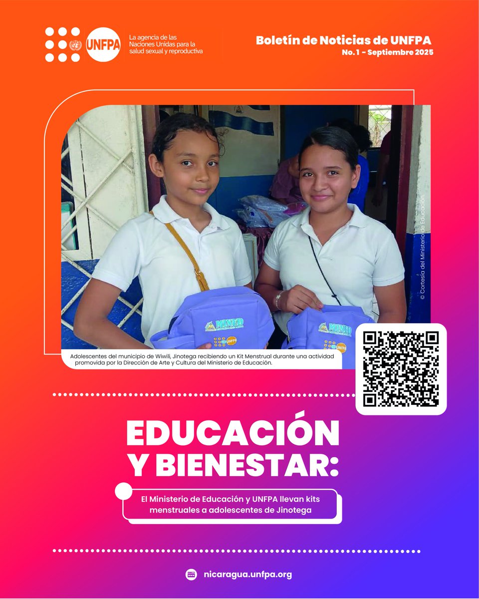 📰 NUEVO BOLETÍN: MINED y UNFPA promueven autonomía corporal y dignidad menstrual con adolescentes de Jinotega. 

La estrategia incluye educación en los Circuitos Artísticos y entrega de kits menstruales reutilizables. 

+ información en el código QR de la imagen  👇