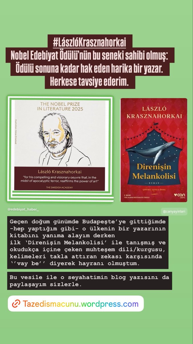Budapeşte’ye gittiğimde  -hep yaptığım gibi- o ülkenin bir yazarının kitabını yanıma almış ve ilk ‘Direnişin Melankolisi’ ile #LaszloKrasznahorkai tanışmış ve hayranı olmuştum. Bu vesile ile o seyahatimin blog yazısını da paylaşayım . 
tazedismacunu.wordpress.com/2025/01/22/tan…