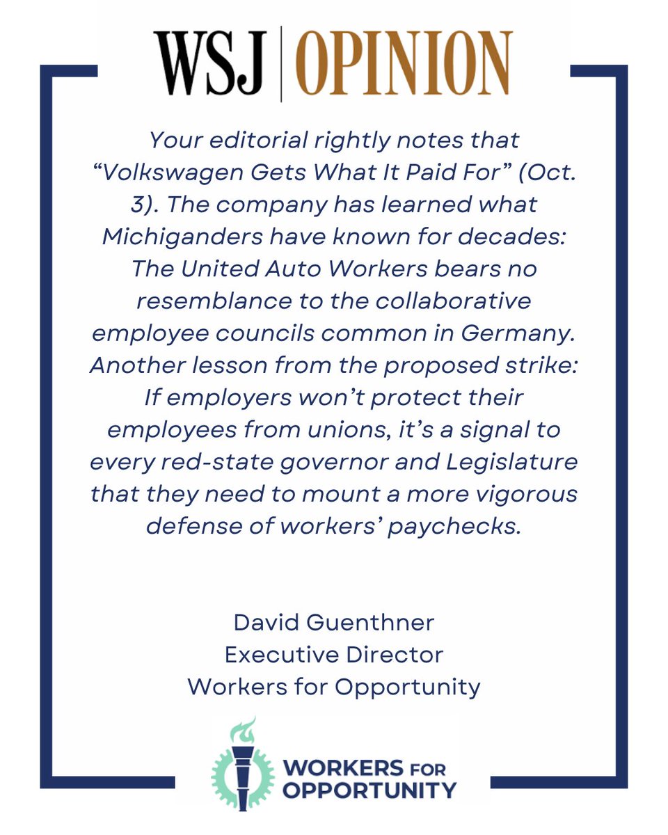 In today's <a href="/WSJ/">The Wall Street Journal</a> WFO executive director <a href="/1davidguenthner/">David Guenthner</a> opines on The Wall Street Journal Editorial Board's "Volkswagen Gets What It Paid For." Every red-state governor &amp; Legislature needs to mount a more vigorous defense of workers' paychecks. <a href="/WSJopinion/">Wall Street Journal Opinion</a>
wsj.com/opinion/time-t…