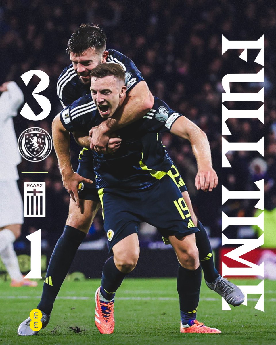ScotlandNT's tweet image. FULL TIME: Scotland 3-1 Greece.

A huge result at Hampden Park 💪

🔜 See you back here Sunday: scotfa.co/WCQtickets

#SCOGRE