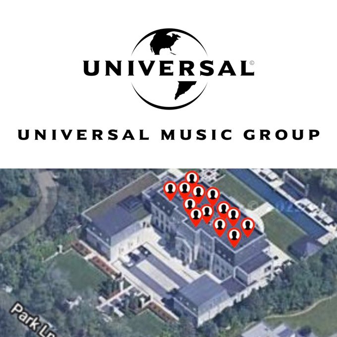 First image depicts a man with braided hair, glasses, and a beard wearing a black hoodie with an orange lining, standing with arms crossed in front of an ornate wooden screen with geometric patterns and reflections. Second image shows the Universal Music Group logo featuring a globe with the text Universal Music Group below it, alongside an aerial view of a large mansion-like building surrounded by green lawns and trees, with multiple red pin markers indicating locations on the property labeled Park.