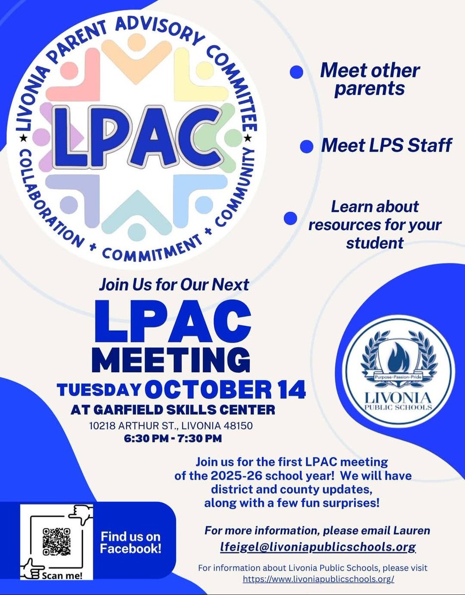 Livonia parents!  It's time for the first LPAC meeting of the year!  Hope to see you there! #LivoniaProud