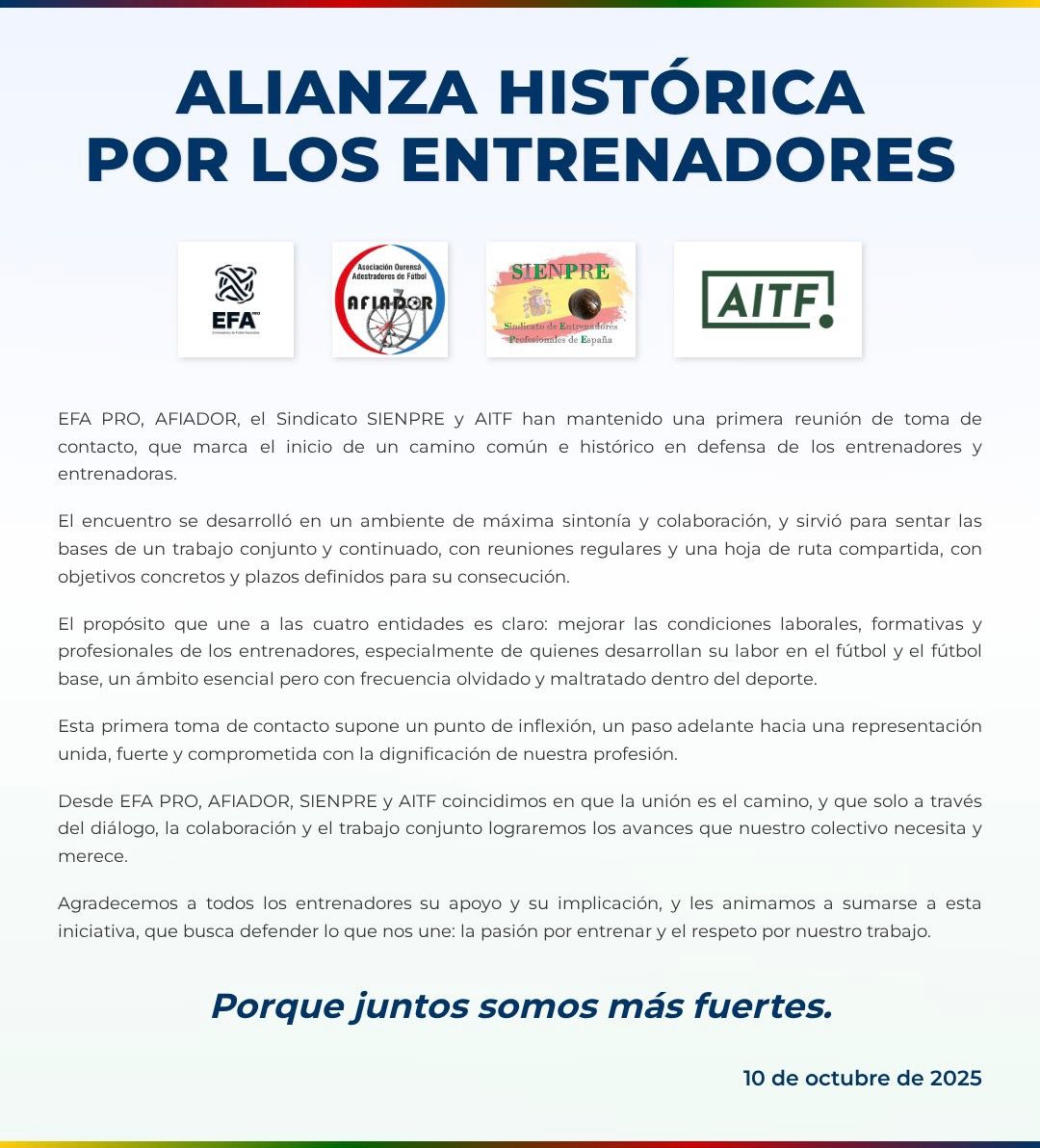 Alianza histórica para los entrenadores de fútbol en España 
más info: efa-futbol.org/?p=1730
<a href="/rfef/">RFEF</a>
<a href="/AcademiaRFEF/">Academia RFEF</a>
<a href="/LaLiga/">LALIGA</a>
<a href="/deportegob/">CSD</a>