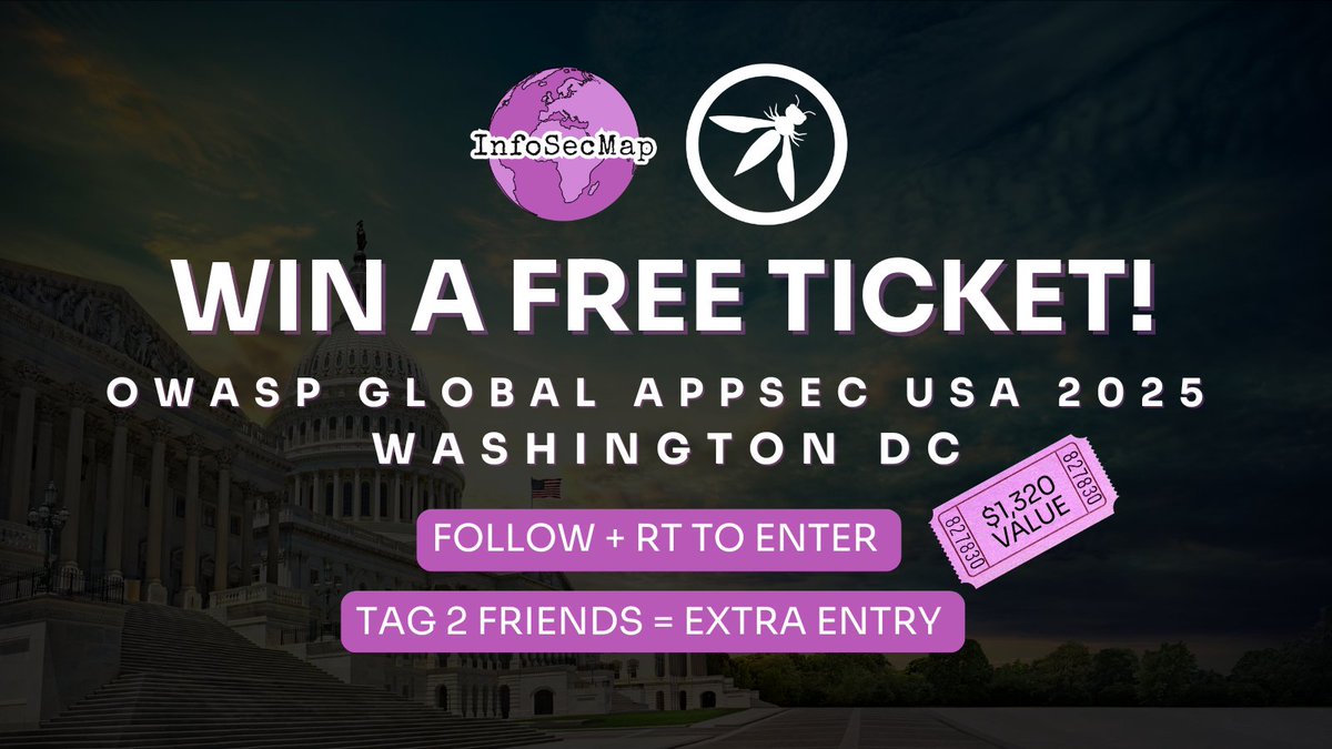 InfoSecMap's tweet image. 🚨 GIVEAWAY ALERT 🚨

Win a FREE ticket to @OWASP Global #AppSec in #WashingtonDC – worth $1,320! 🎟️

To enter:
✅ Follow us
✅ ❤️ + RT this post
✅ Bonus: Tag 2 friends for an extra entry

⏳ Ends in 7 days – winners announced next week!

#Giveaway #InfoSec #CyberSecurity