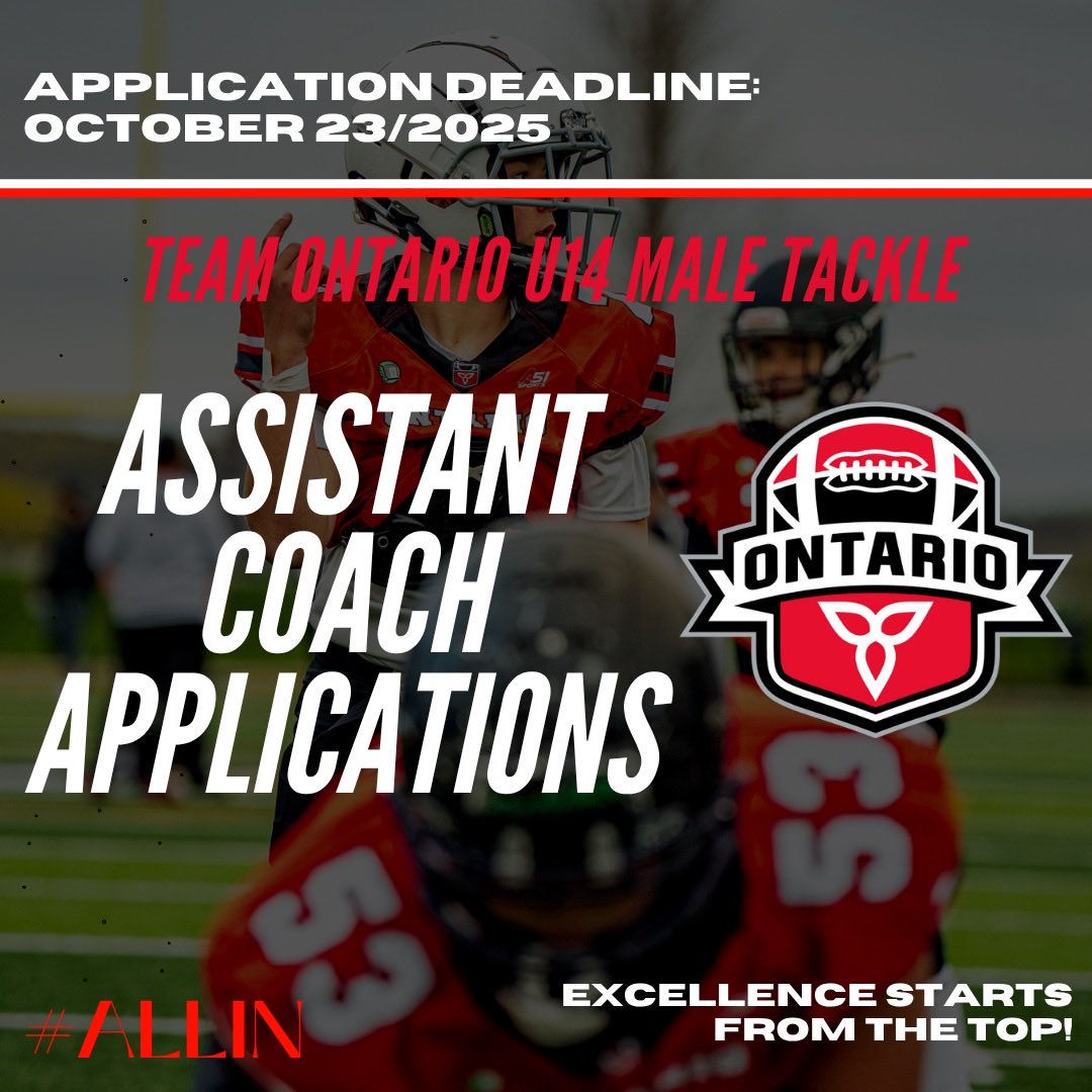 Football Ontario is now accepting applications for a variety of coaching positions with the Team Ontario U14 Male Tackle Program for the 2026 season.

The deadline to apply is October 23, 2025. 

More: footballontario.net/2025/10/09/foo…

#ALLIN
#WeAreFootballOntario