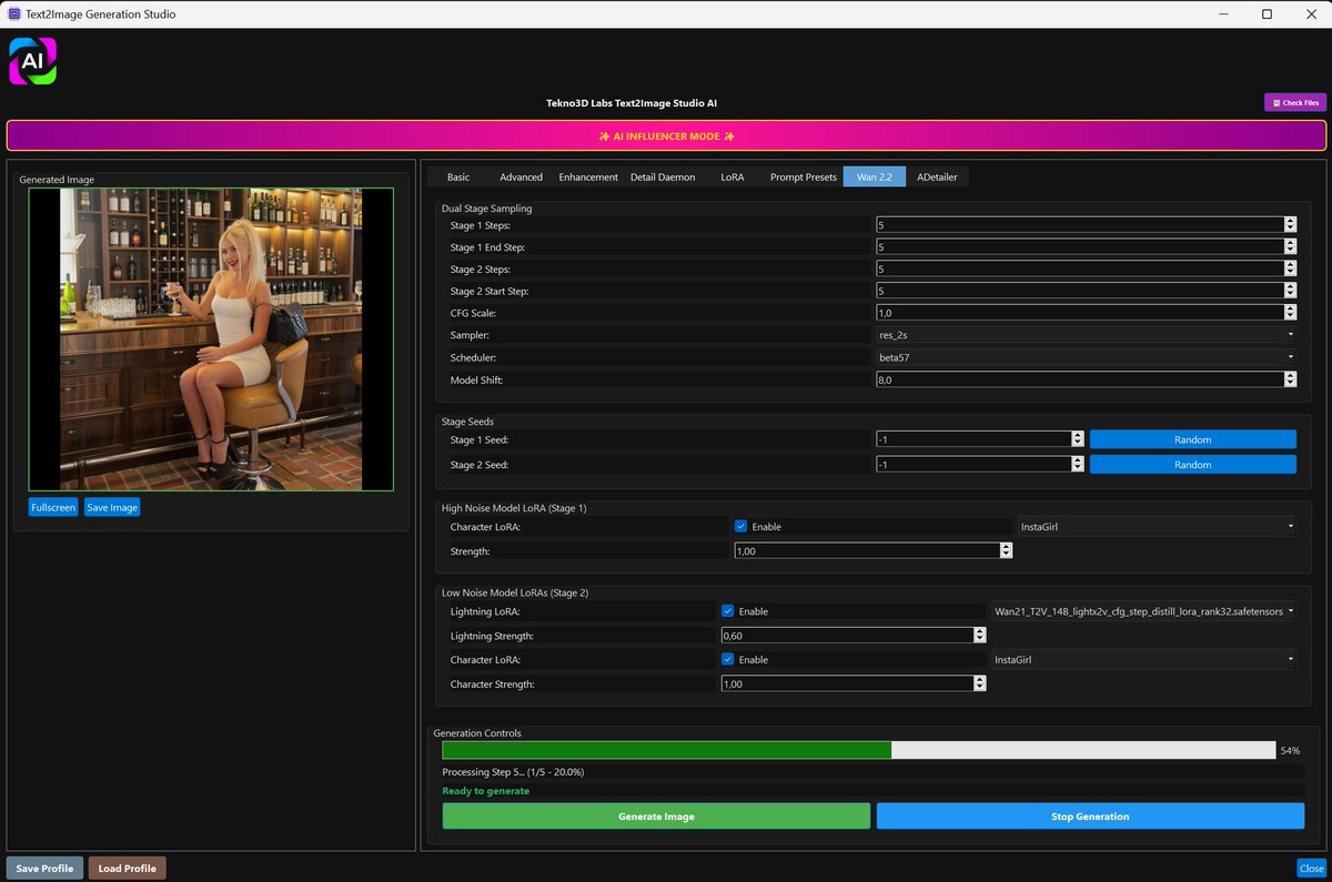 TEKNO3DLabs's tweet image. AI Influencers mode in our AI Generation Suite. Text2Image (and Image2Video, Text2Video) Custom Wan 2.2.