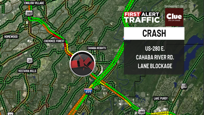 First Alert:
There is a crash on US-280 E. at Cahaba River Rd. with lane blockage. <a href="/WBRCnews/">WBRC 6 News</a> #wbrctraffic