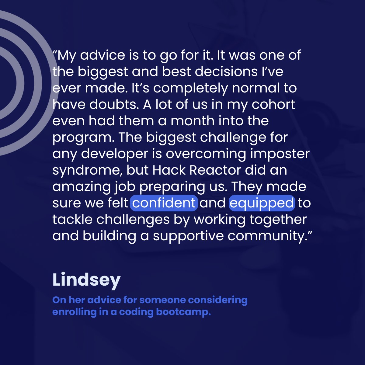 HackReactor's tweet image. Simple curiosity can snowball into a new career. 🔄
Learn what Hack Reactor Alum, Lindsey, is working on as a Full-Stack Software Engineer at MatchPoint, and get her career advice: hackreactor.com/student-storie…
#HackReactorAlumni #AlumniQA #NewCareer #FullStackEngineer