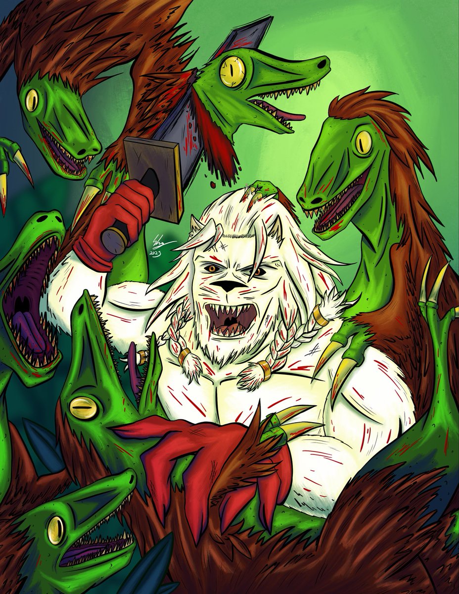 WtfEuge's tweet photo. BATTLE BEAST (ft. Semi-accurate Velociraptors) 

I wanted to show rage and gore. The shading for the velociraptors took the longest to make but damn it looks good. Read Battle Beast!
#art #draw #drawing #digitalart #procreate #invincible #battlebeasts #dinosaur https://t.co/LDKZivkOlt