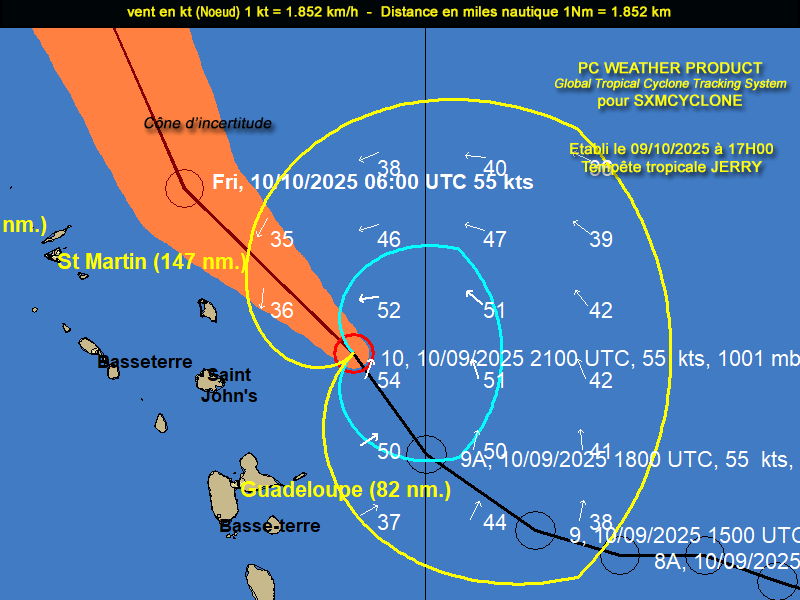 A 17 heures, la tempête JERRY est située à 285 km à l'Est/Sud Est des îles du Nord,  vents 100 km/h, Pression 1001 hpa, cap  300°.