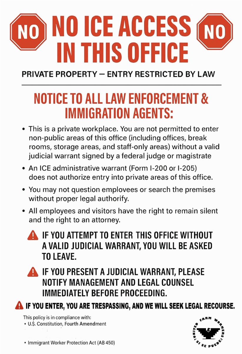 Jkineman's tweet image. 🇺🇸 YOU HAVE THE RIGHT TO DENY ICE ACCESS TO YOUR BUSINESS—PROTECT YOUR EMPLOYEES AND CUSTOMERS FROM INTIMIDATION &amp;amp; HARASSMENT

⚖️ Know your rights 🙏 Stay safe
#ICE #ICERaids #StopICE #KnowYourRights

🔗 miracoalition.org/news/know-your…

📌 POST NOTICE at the entrance to your business ⤵️