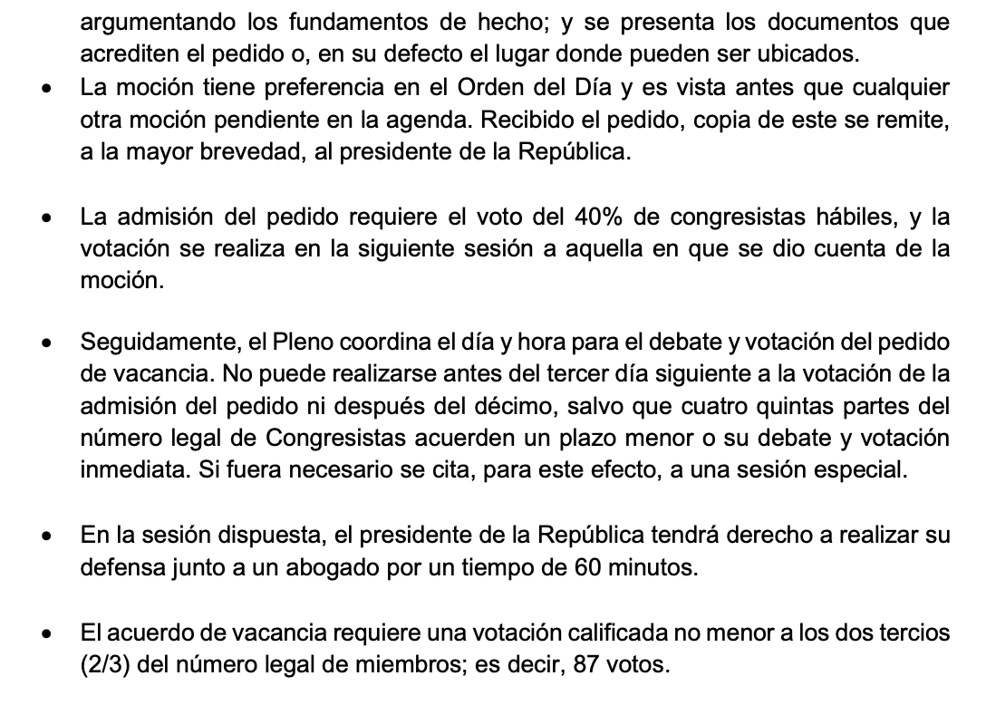 ¿La vacancia puede verse hoy mismo en el Congreso? Tendría que conseguirse 104 votos para acelerar el proceso. Fuera de eso, hay un procedimiento: darla a cuenta, votar la admisión, citar a la presidenta y luego la votación final. A casi las 4pm, la moción no ingresa a trámite.