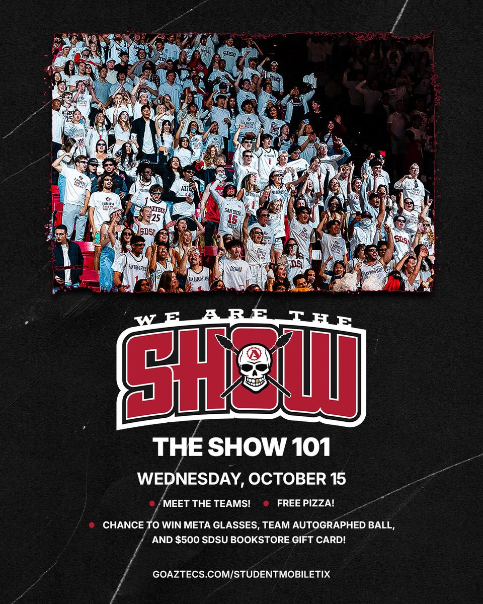 San Diego State Men's Basketball (@aztec_mbb) on Twitter photo Attention <a href="/SDSU/">San Diego State University</a> students! Claim your FREE tickets to The Show 101 next Wednesday in <a href="/ViejasArena/">Viejas Arena</a>! There will be FREE @woodstockssd pizza for the 1st 500 students, chance to win big prizes, plus you can meet our team and <a href="/Aztec_WBB/">San Diego State Women's Basketball</a>! GoAztecs.com/studentmobilet…. Attention <a href="/SDSU/">San Diego State University</a> students! Claim your FREE tickets to The Show 101 next Wednesday in <a href="/ViejasArena/">Viejas Arena</a>! There will be FREE @woodstockssd pizza for the 1st 500 students, chance to win big prizes, plus you can meet our team and <a href="/Aztec_WBB/">San Diego State Women's Basketball</a>! GoAztecs.com/studentmobilet….